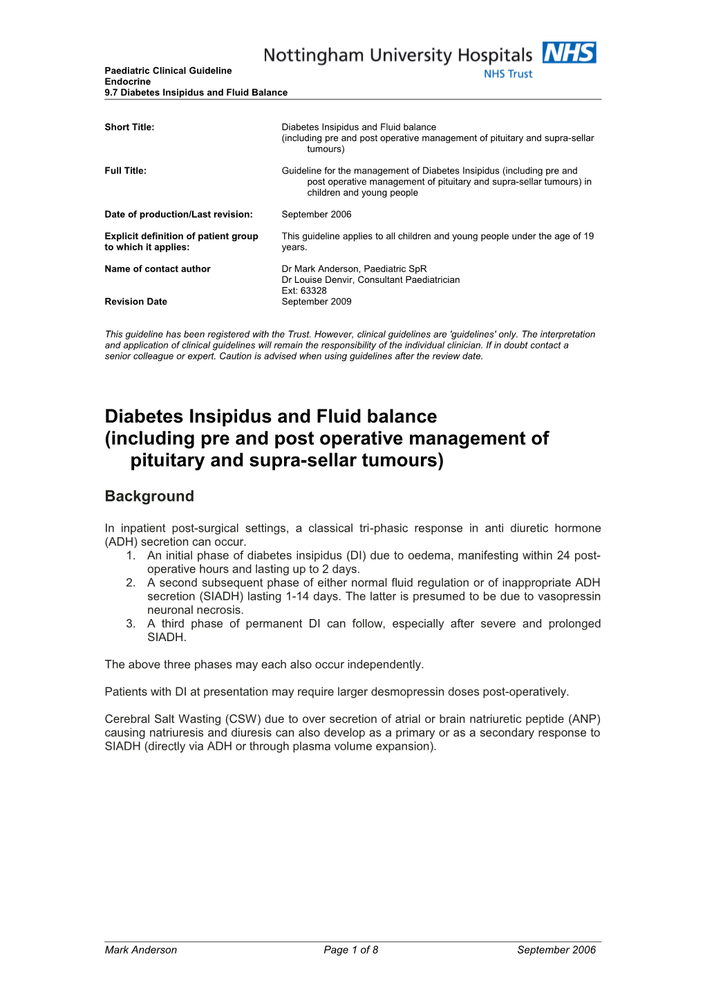 Post-Operative Fluid Management Guidelines and Nursing Charts for Management of Pituitary