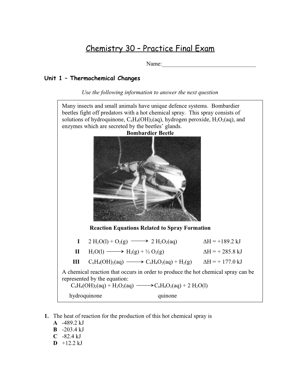 Chemistry 30 Practice Final Exam