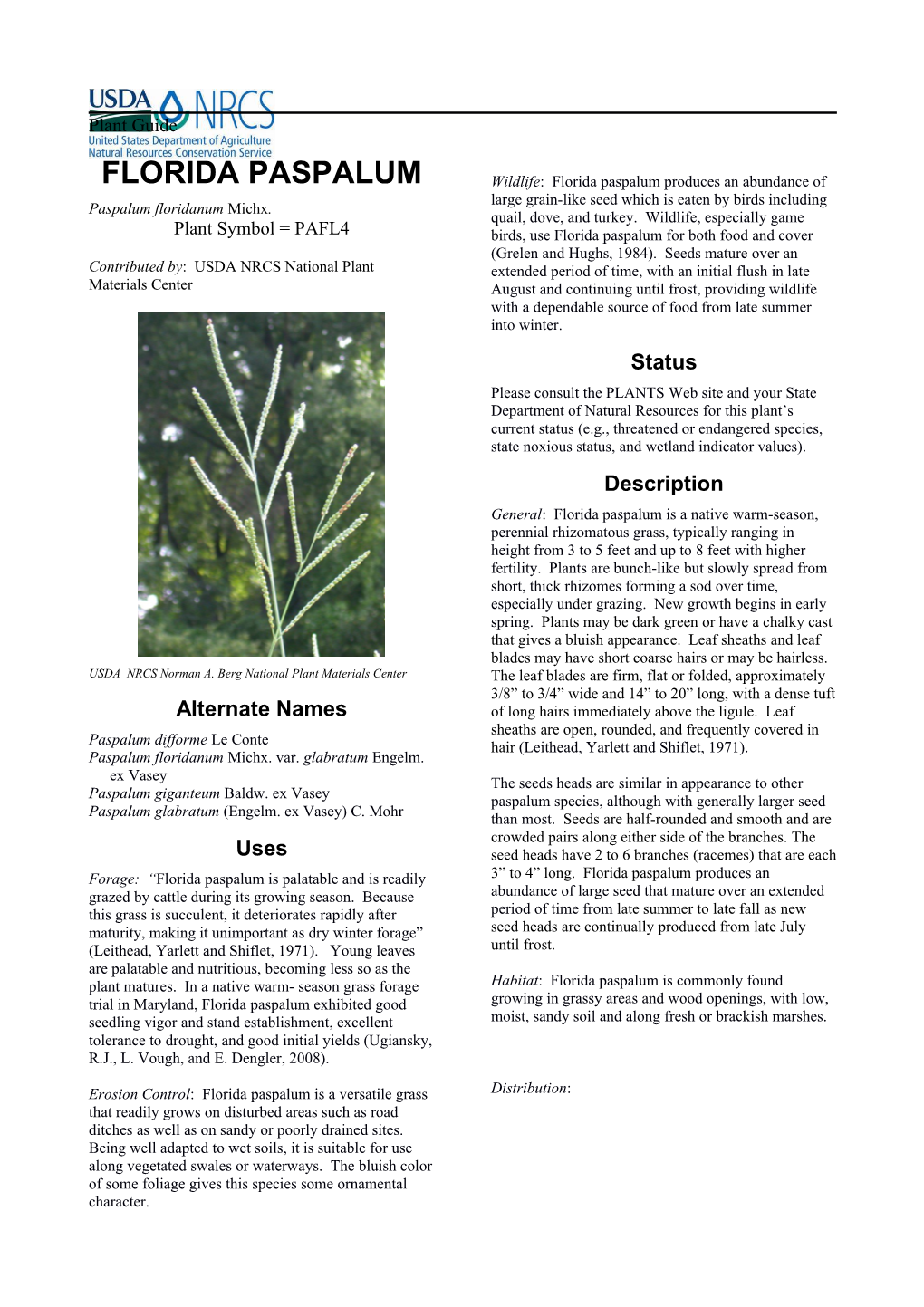 Florida Paspalum (Paspalum Floridanum) Plant Guide