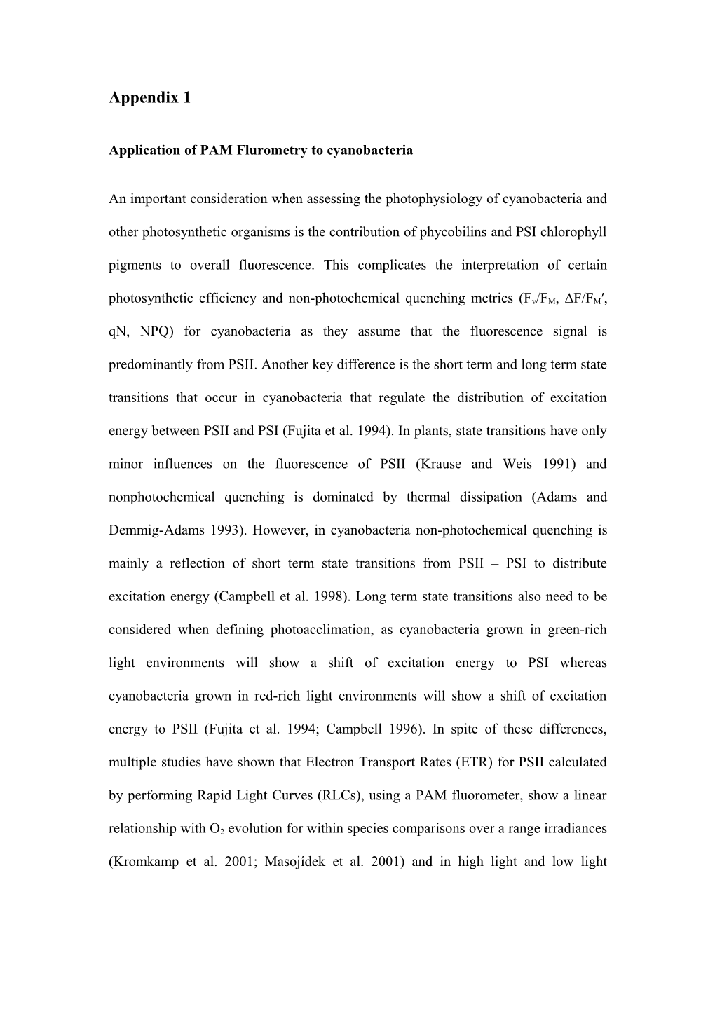 Application of PAM Flurometry to Cyanobacteria