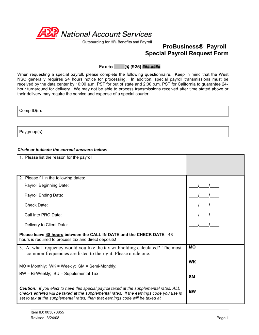 Special Payroll Request Form