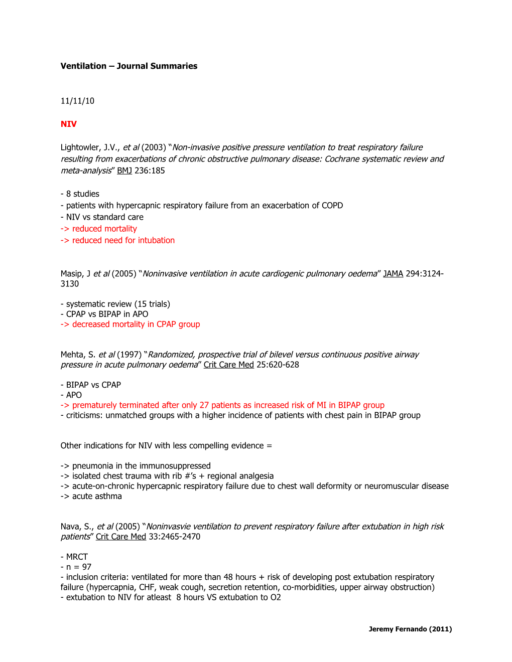 Ventilation Journal Summaries