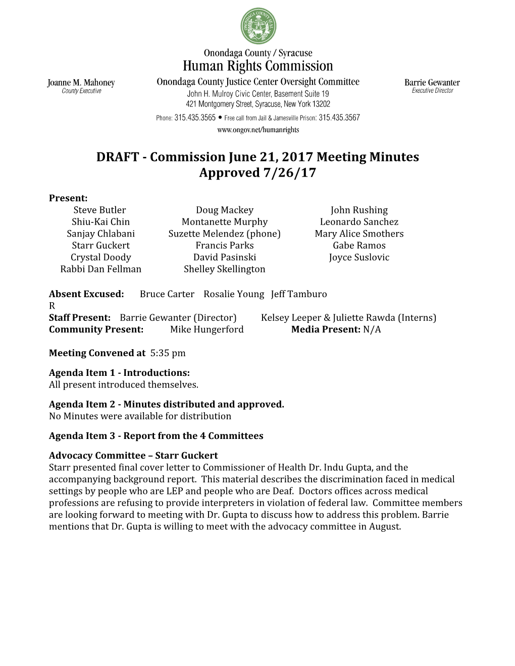 DRAFT - Commission June 21, 2017 Meeting Minutes