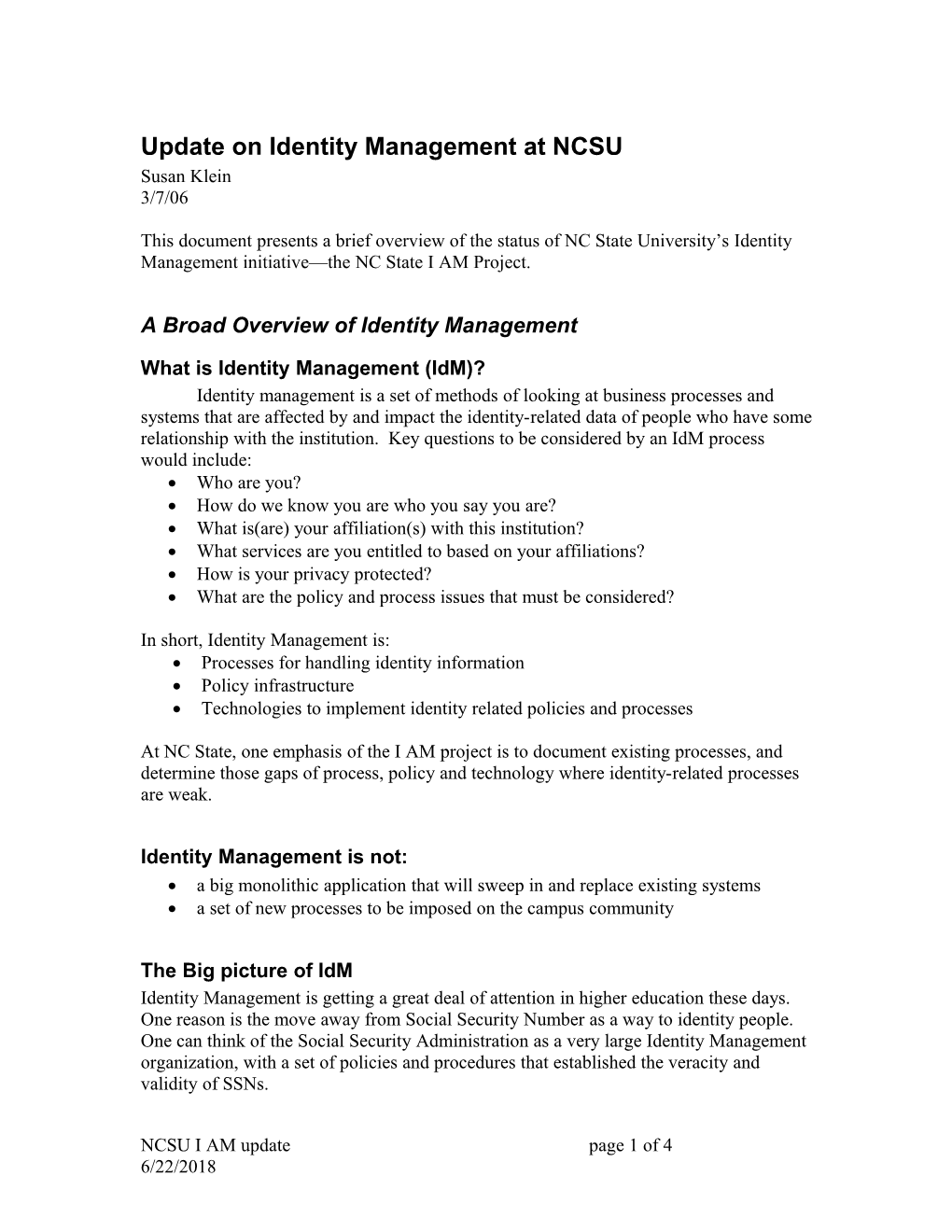 Update on Identity Management at NCSU