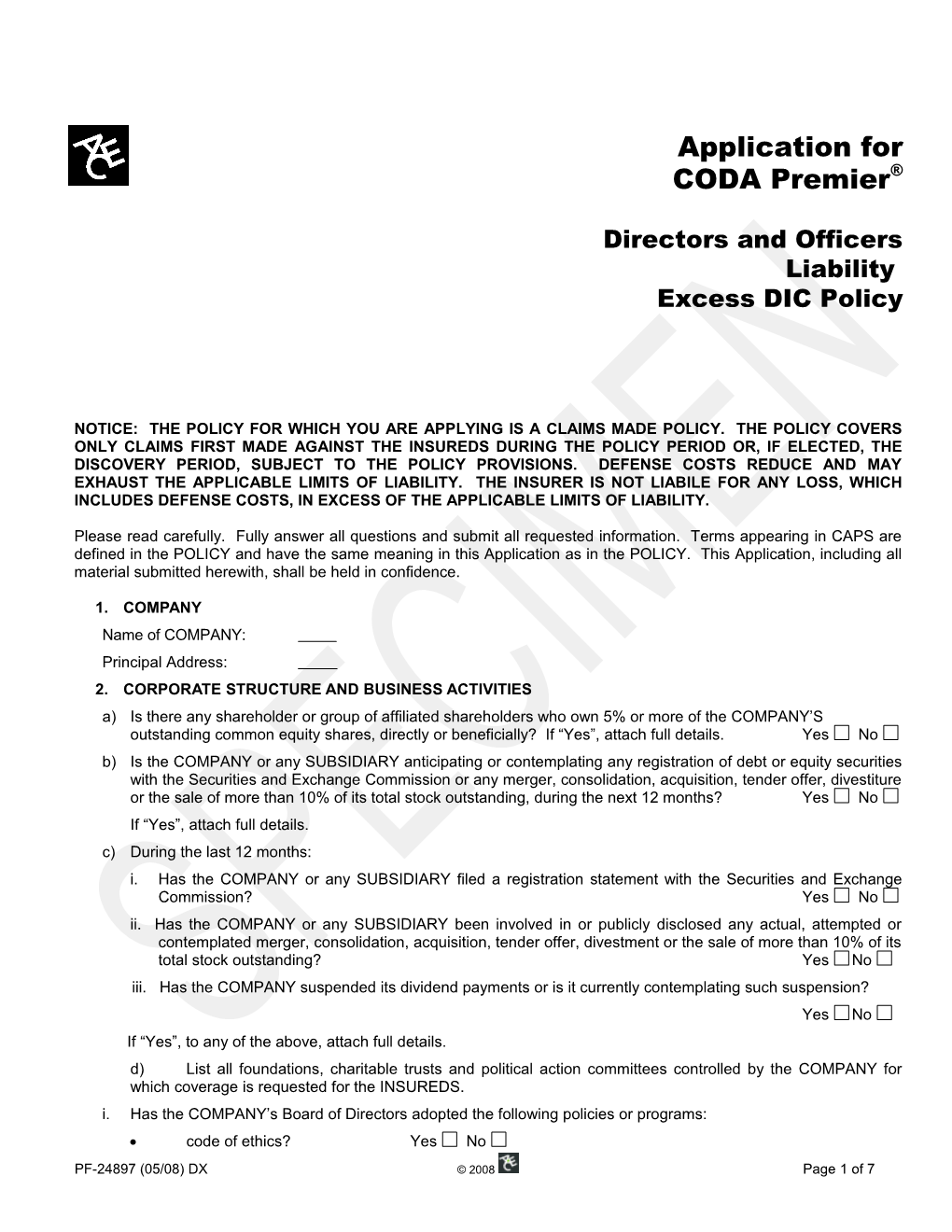 CODA Premier D&O Liability Excess DIC Application (All States)