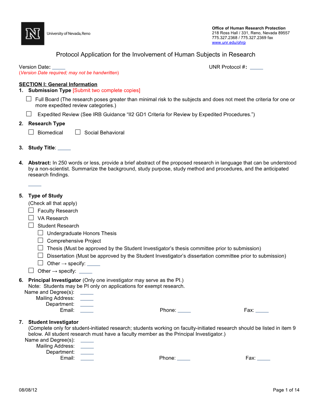 Protocol Application for the Involvement of Human Subjects in Research