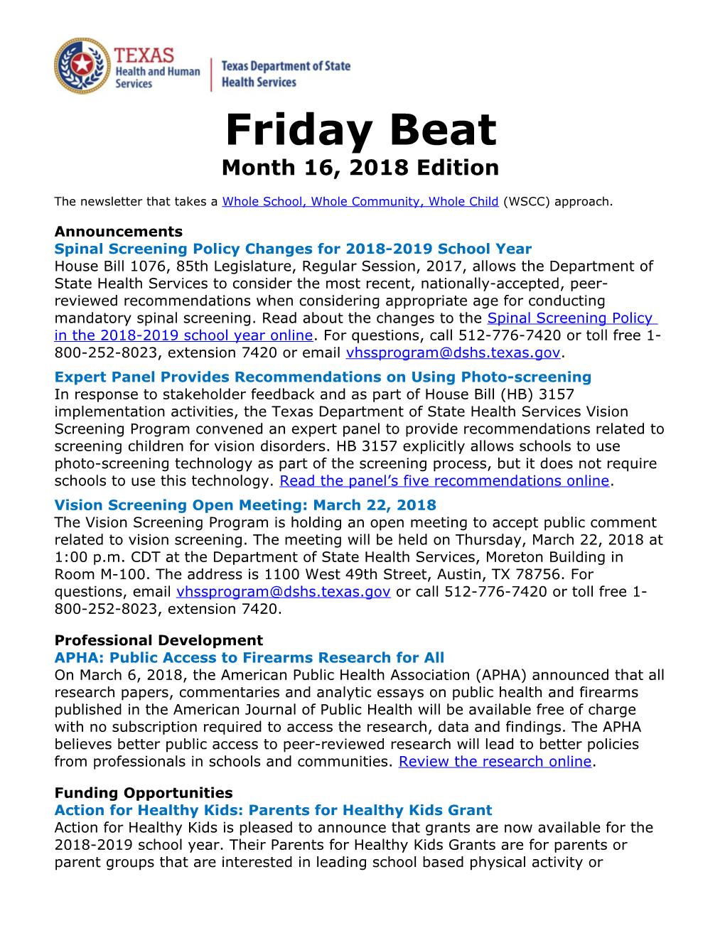 Spinal Screening Policy Changes for 2018-2019 School Year