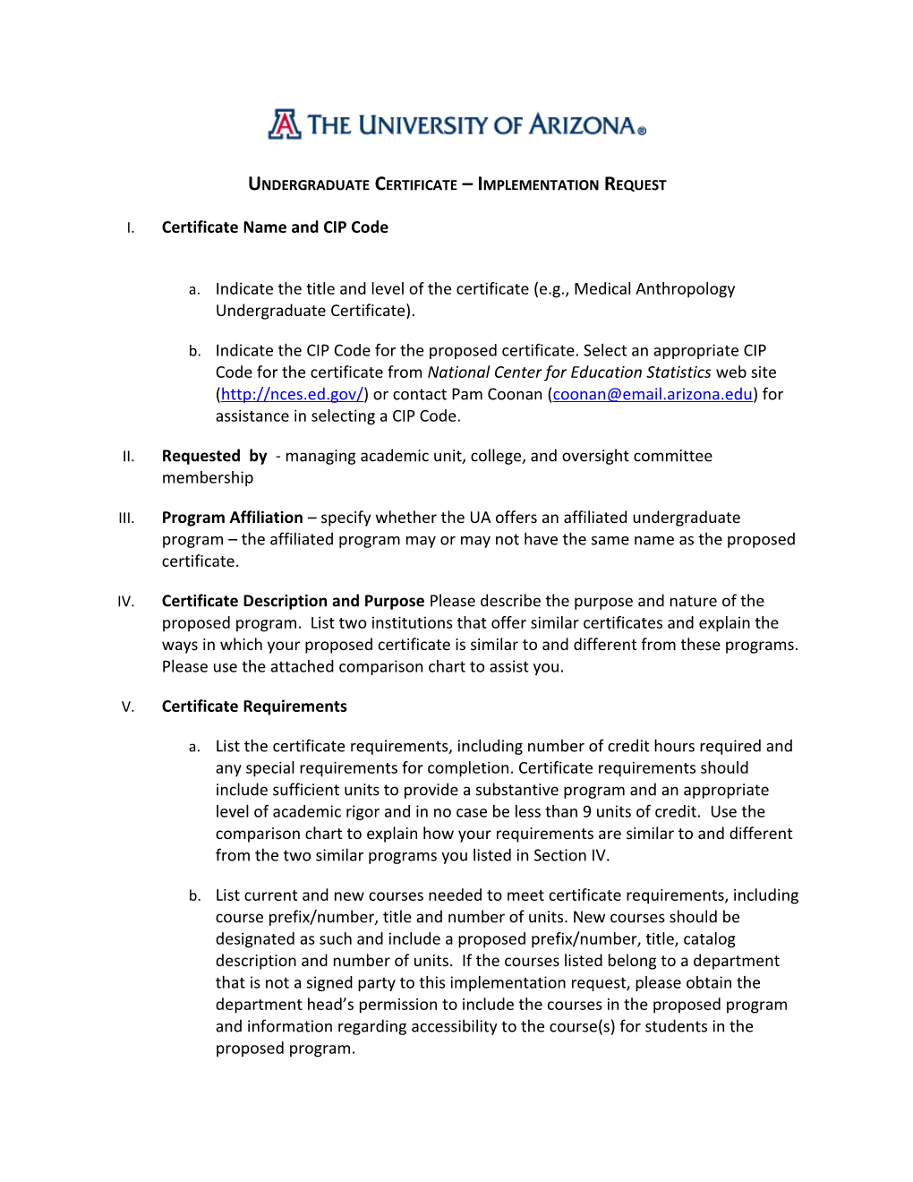 Undergraduate Certificate Implementation Request