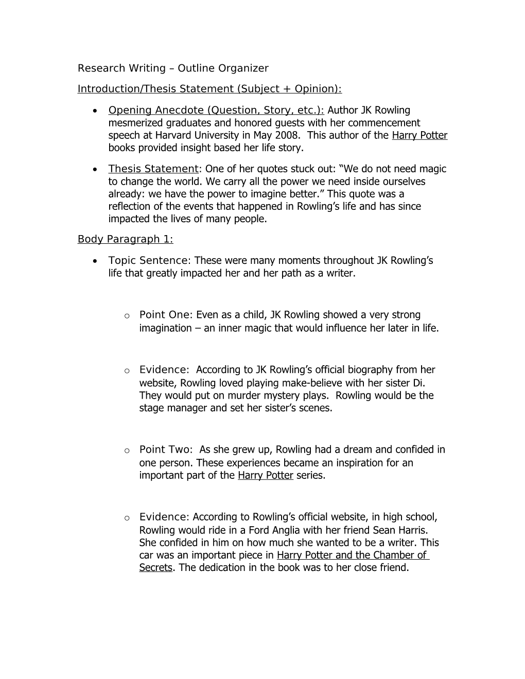 Research Writing Outline Organizer