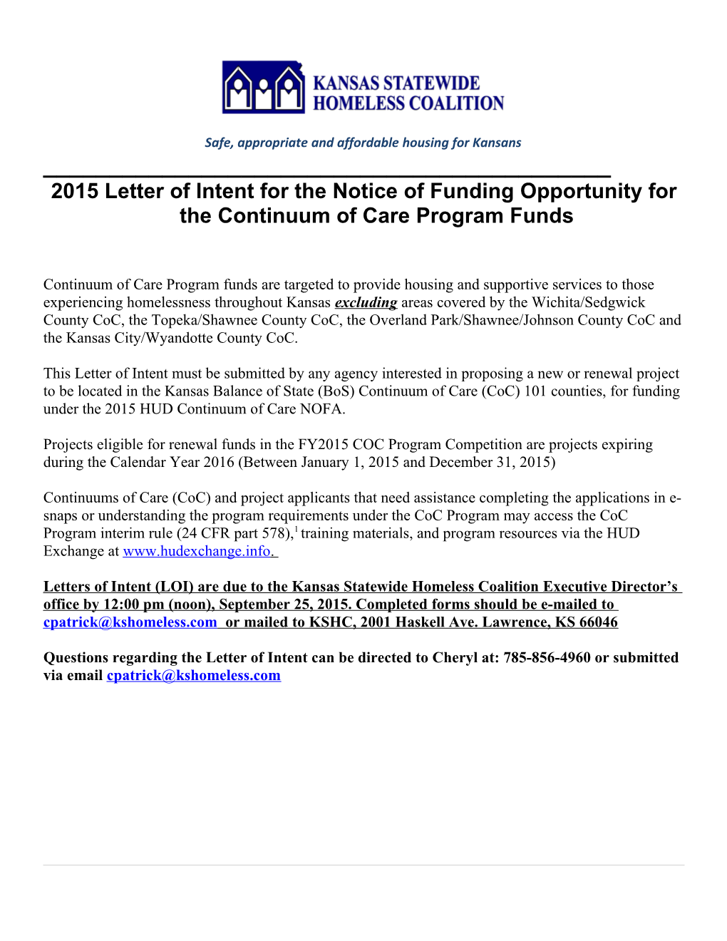 2015 Letter of Intent for the Notice of Funding Opportunity for the Continuum of Care Program