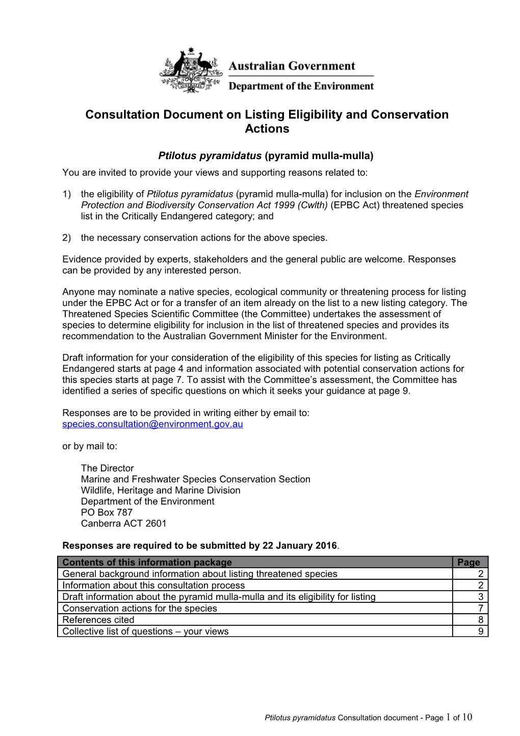 Consultation Document on Listing Eligibility and Conservation Actions - Ptilotus Pyramidatus