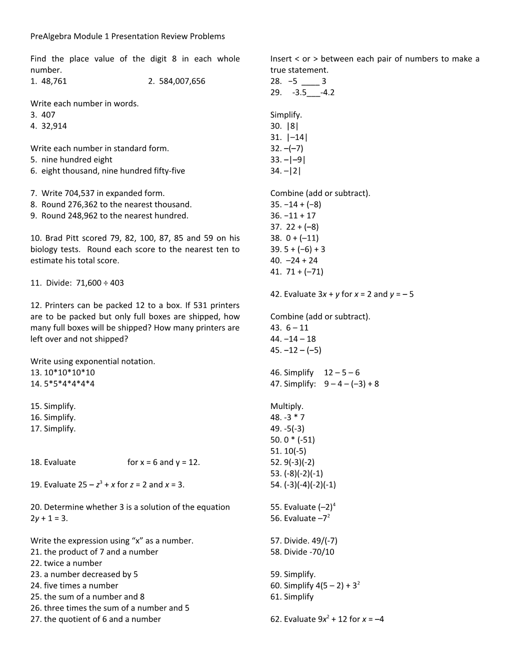 Prealgebra Module 1 Presentation Review Problems