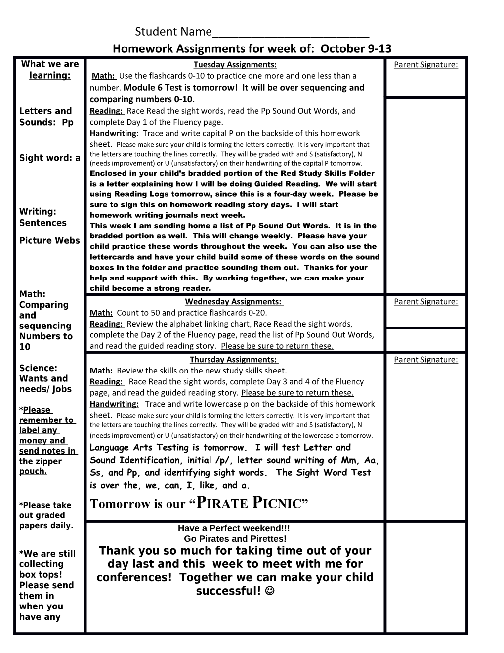 Homework Assignments for Week Of: October 9-13