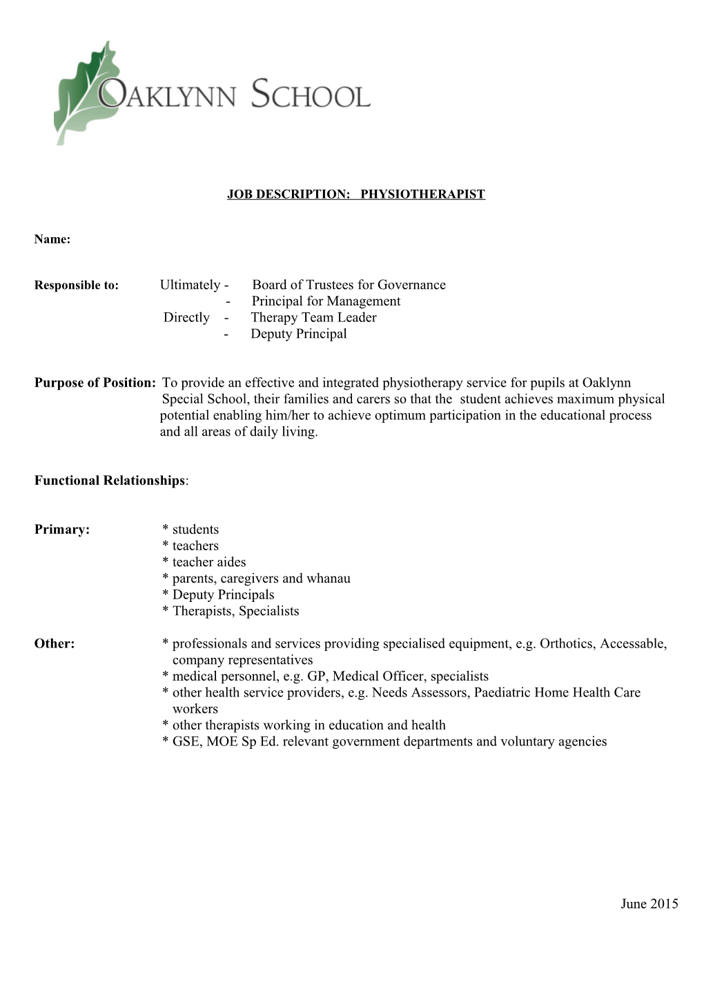 Job Description: Physiotherapist
