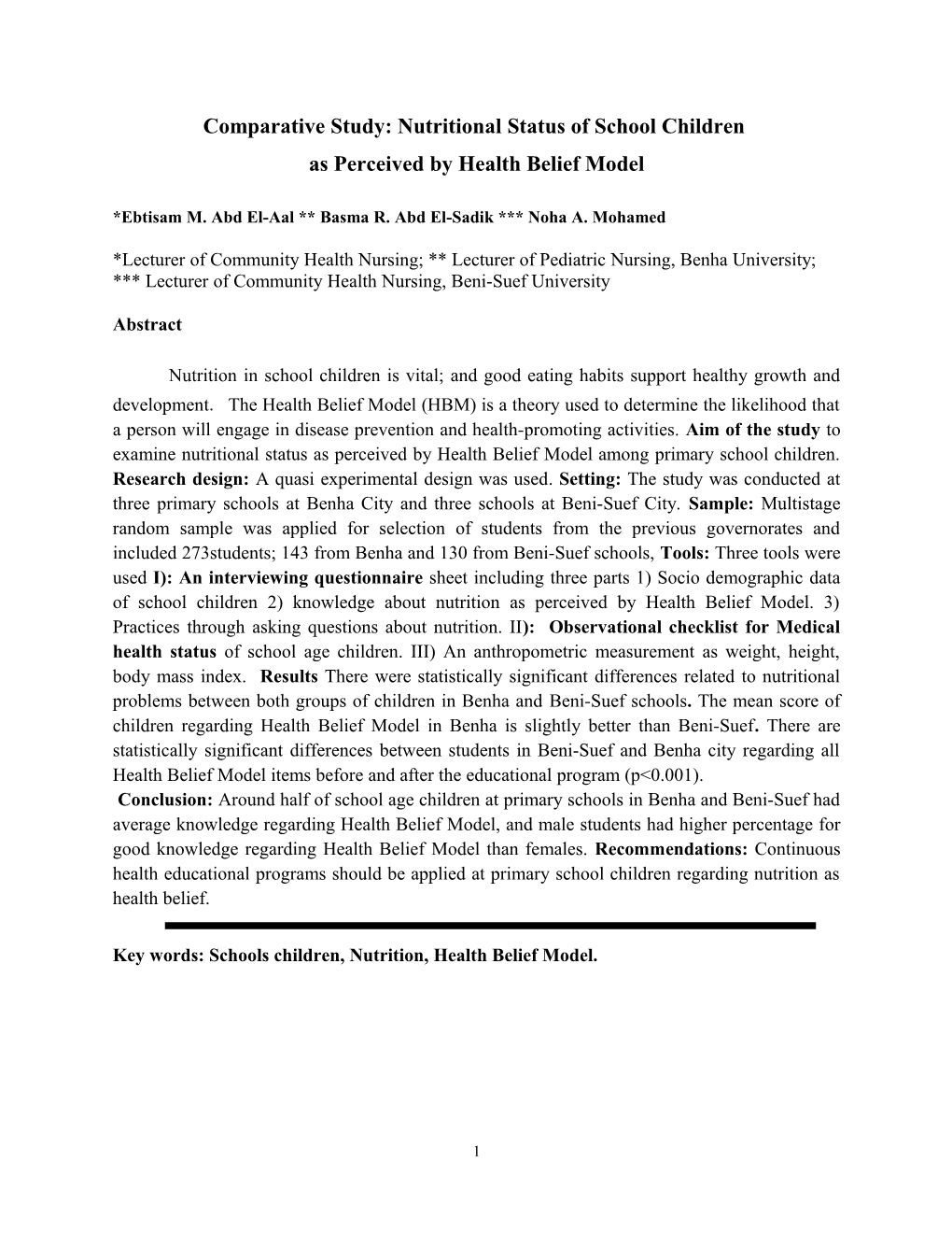 School Children Nutritional Health Status As Perceived by Health Belief Model