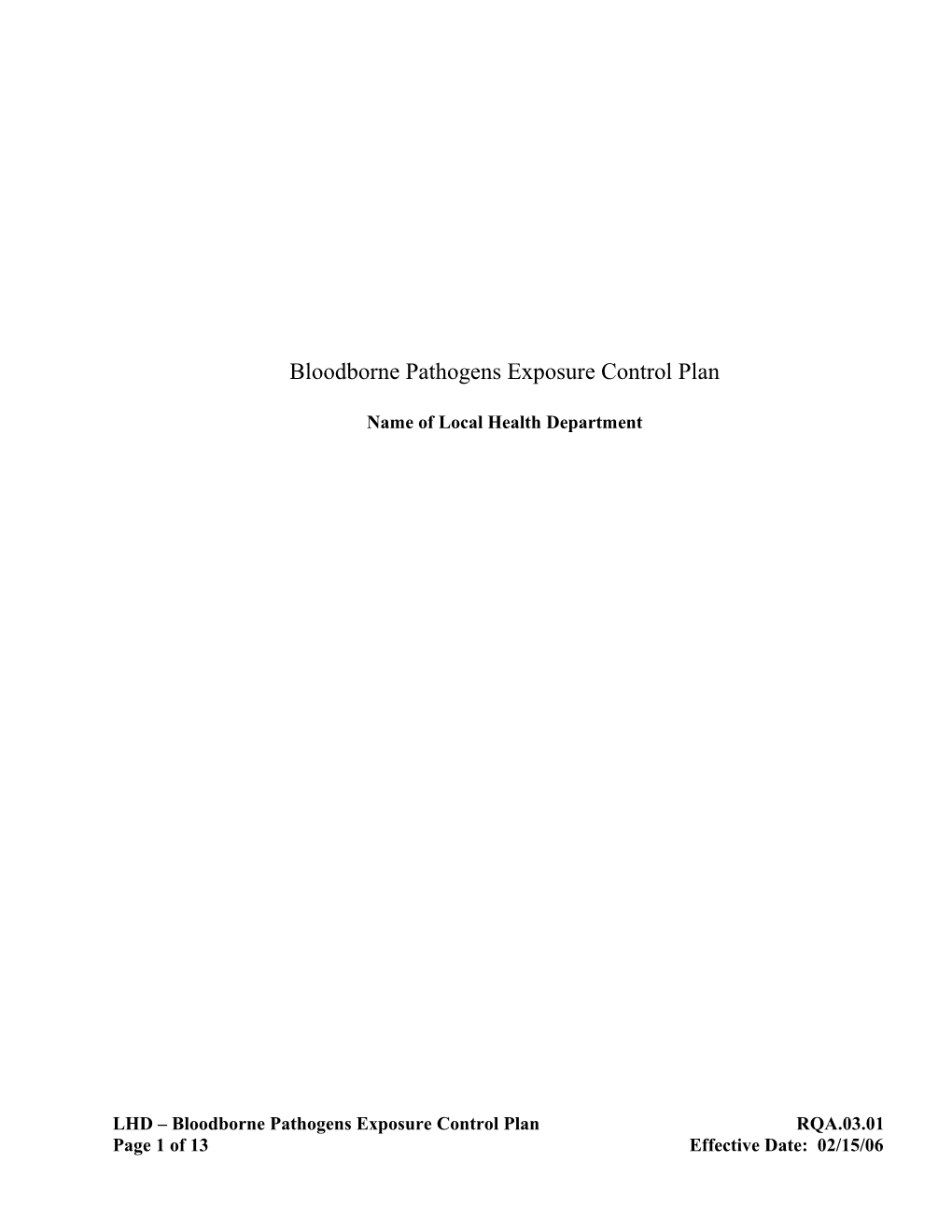 Bloodborne Pathogens Exposure Control Plan