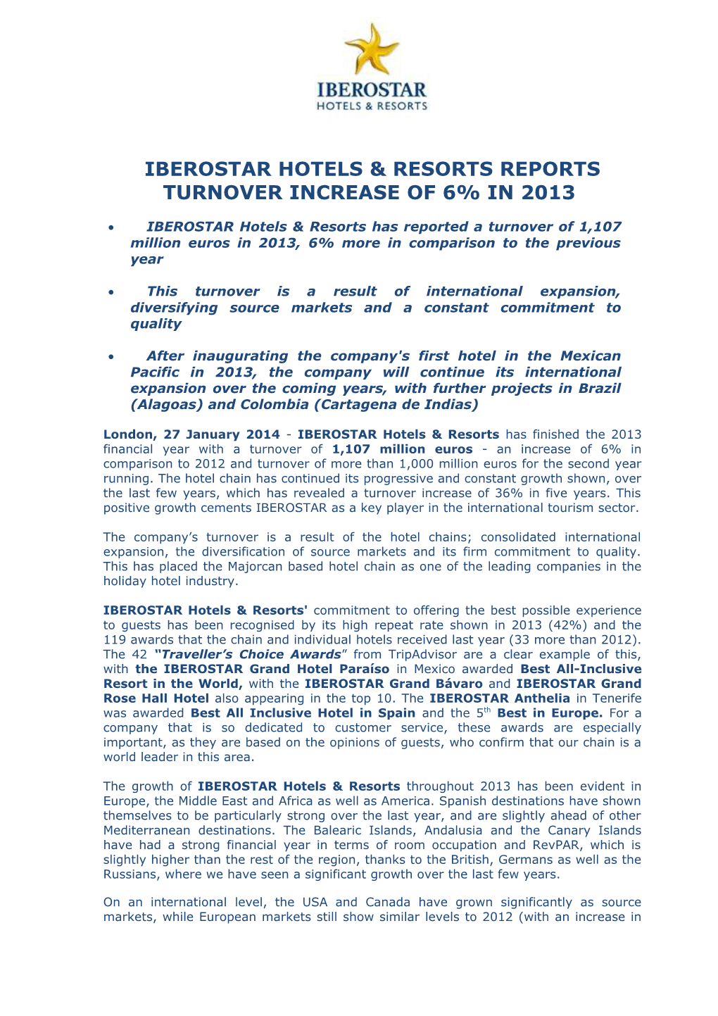 Iberostar Hotels & Resorts Reports Turnover Increase of 6% in 2013