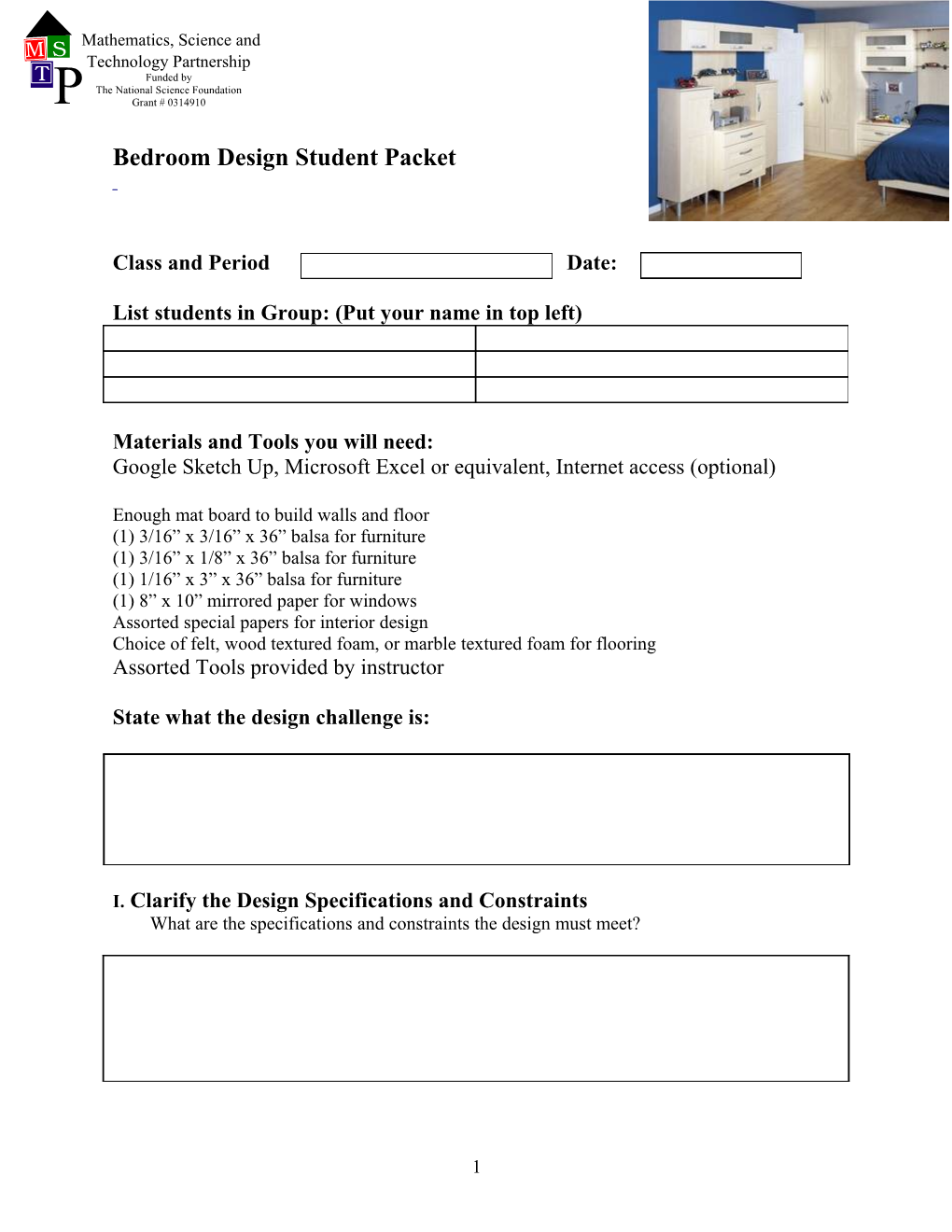 Bedroom Design Student Packet