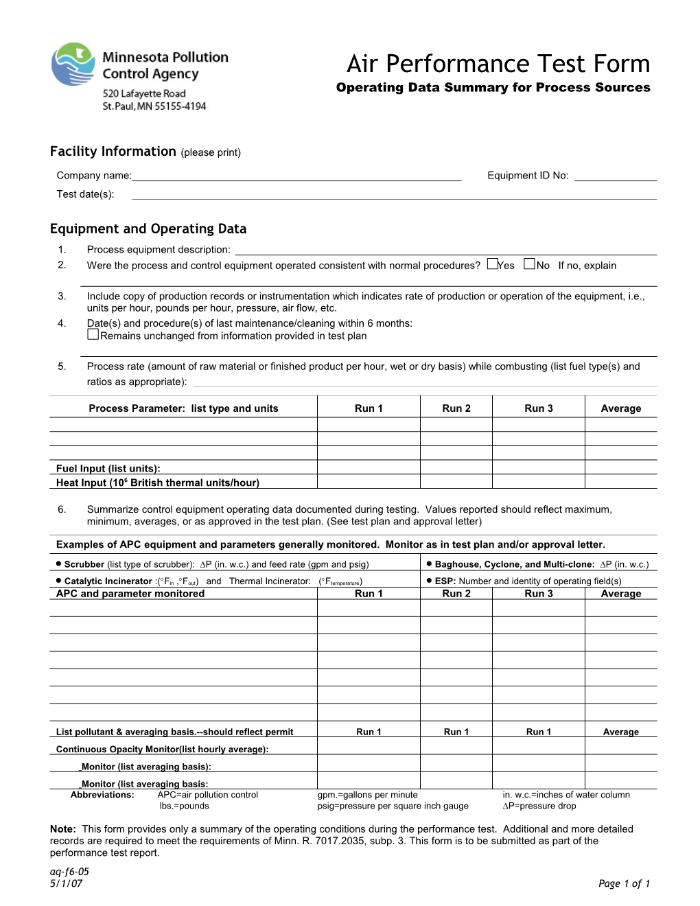 Air Performance Test Forms - Operating Data Summary for Combustion Sources
