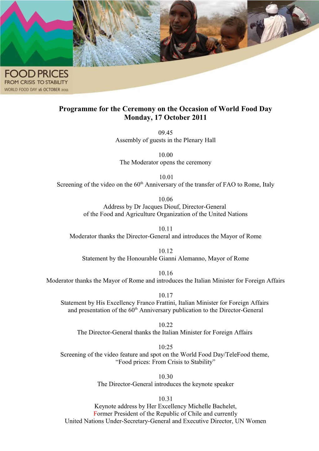 Programme for the Ceremony on the Occasion of World Food Day