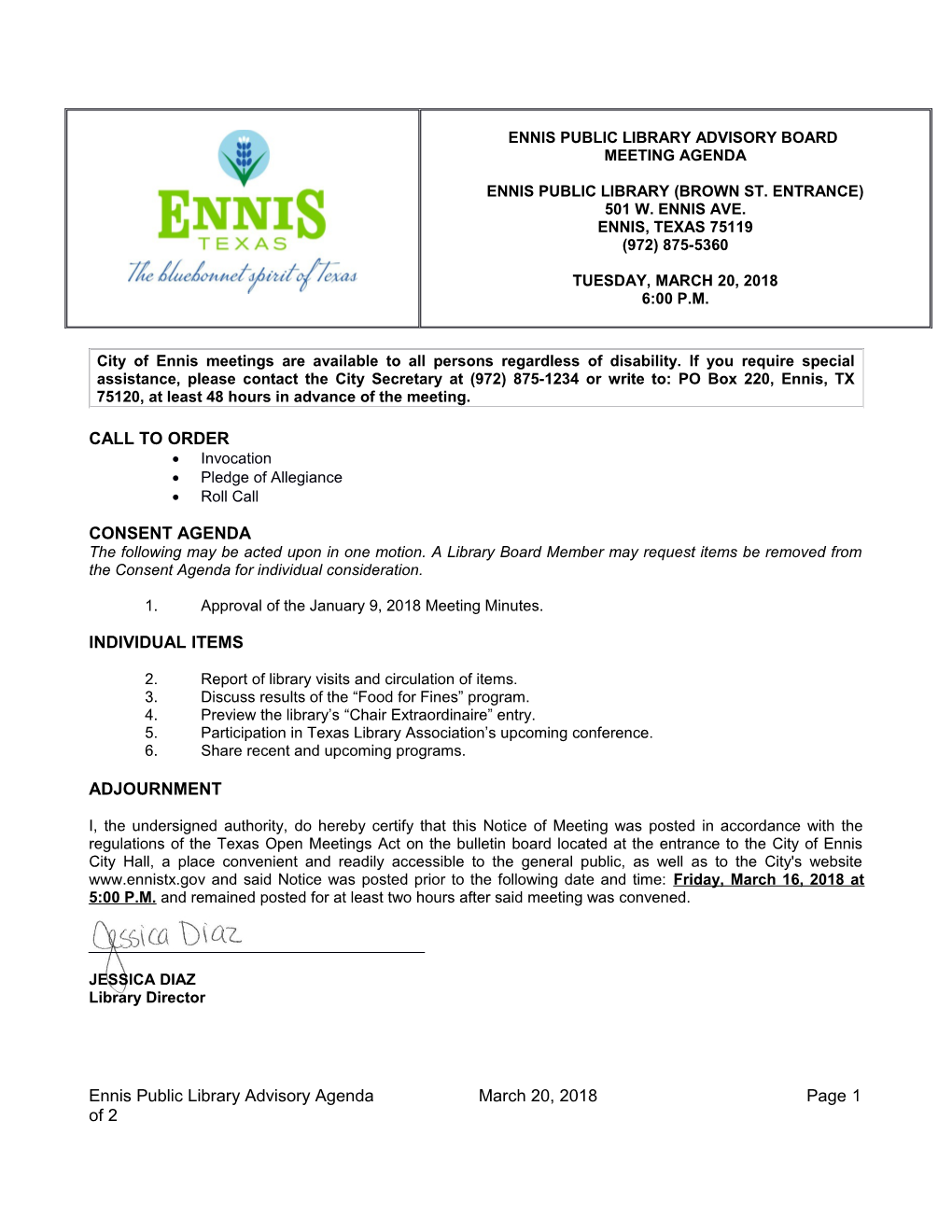 City of Ennis Meetings Are Available to All Persons Regardless of Disability. If You Require