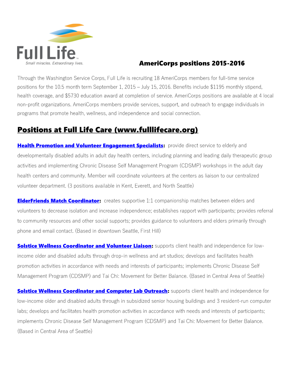 Positions at Full Life Care (