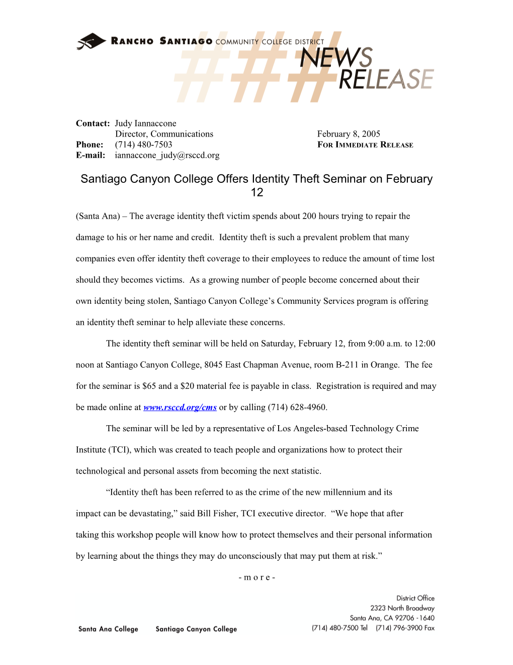 Santiago Canyon College Offers Identity Theft Seminar on February 12