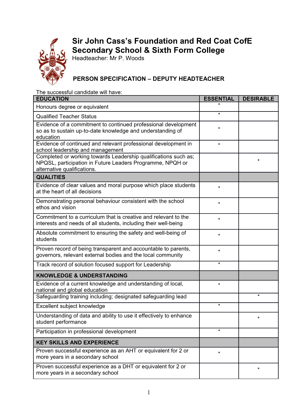 Person Specification Deputy Headteacher