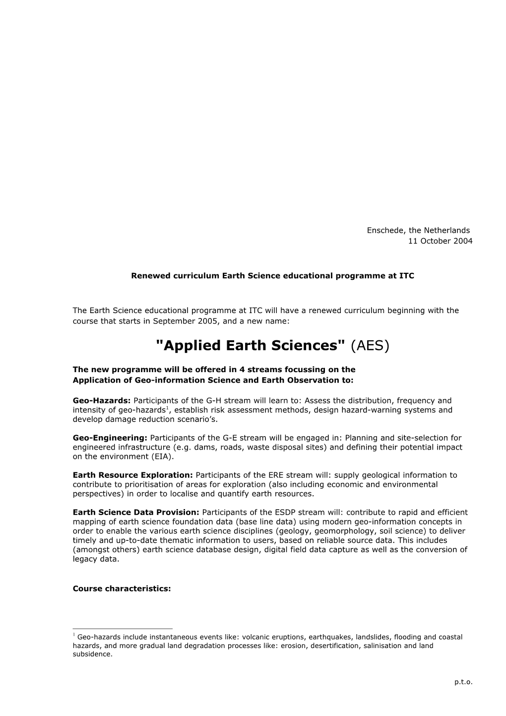 Renewed Curriculum Earth Science Educational Programme at ITC