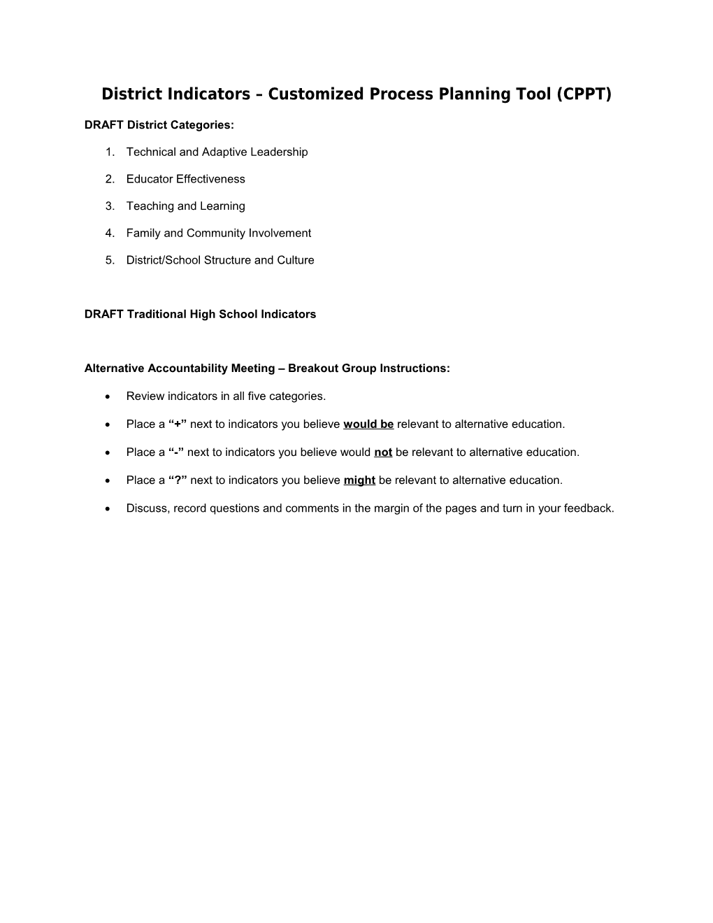 District Indicators Customized Process Planning Tool (CPPT)