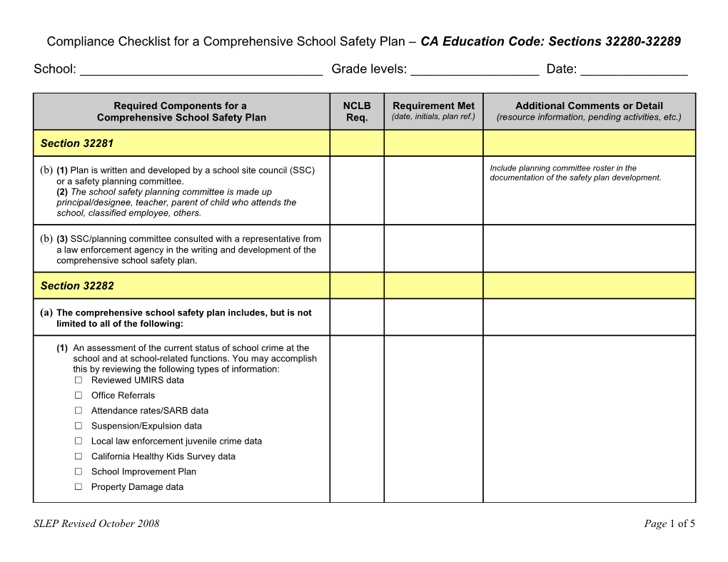 Checklist for Compliance with Education Code Sections 32280-32289
