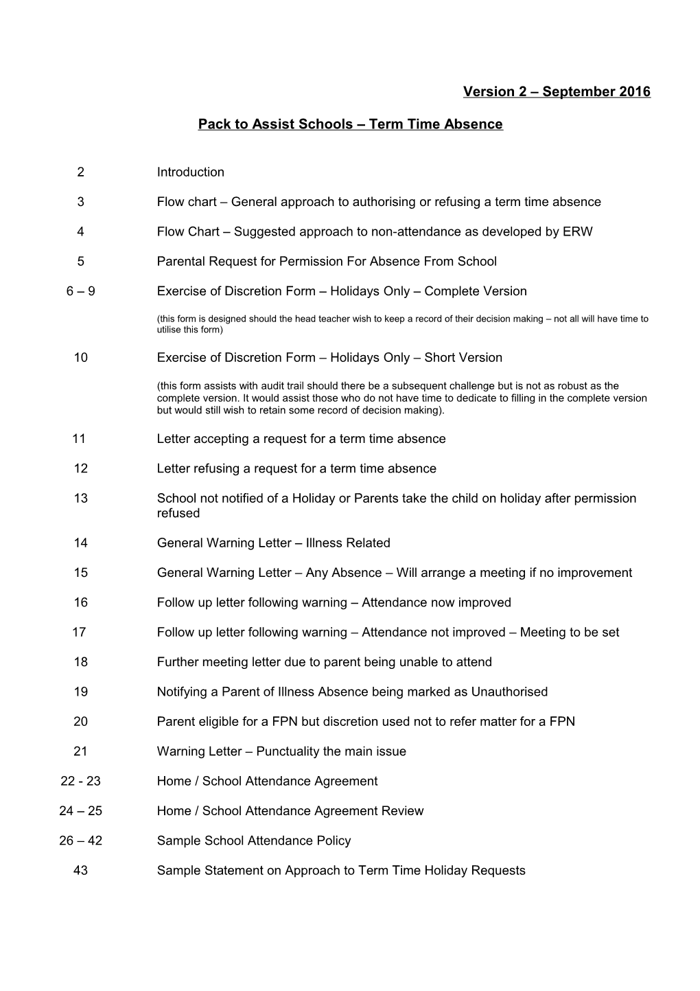 Pack to Assist Schools Term Time Absence