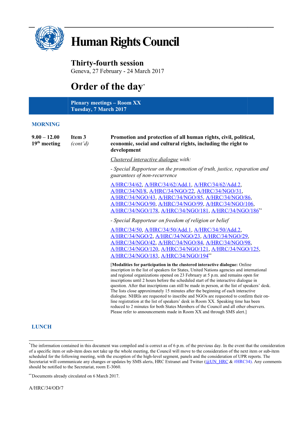 Order of the Day, Tuesday 7 March 2017