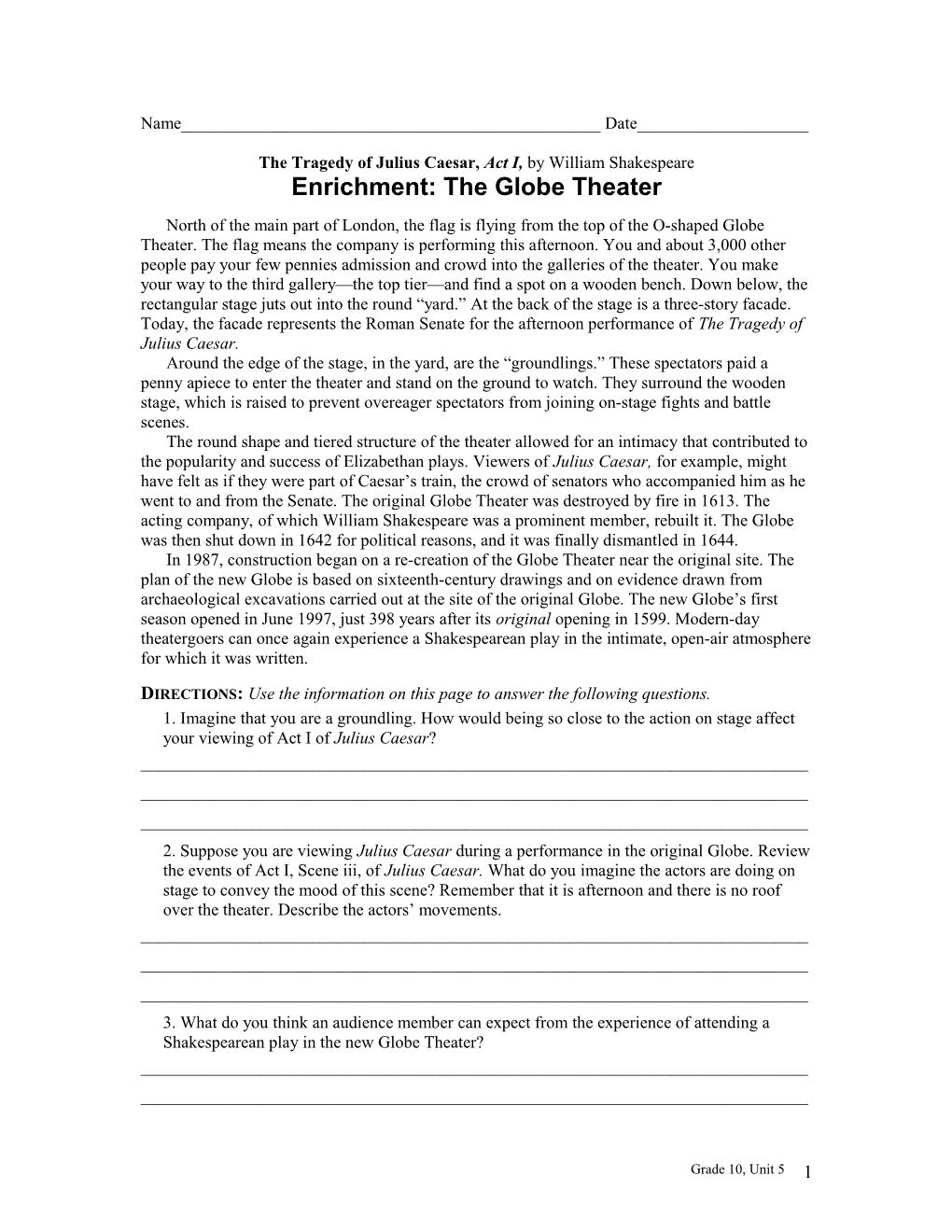 Enrichment: the Globe Theater