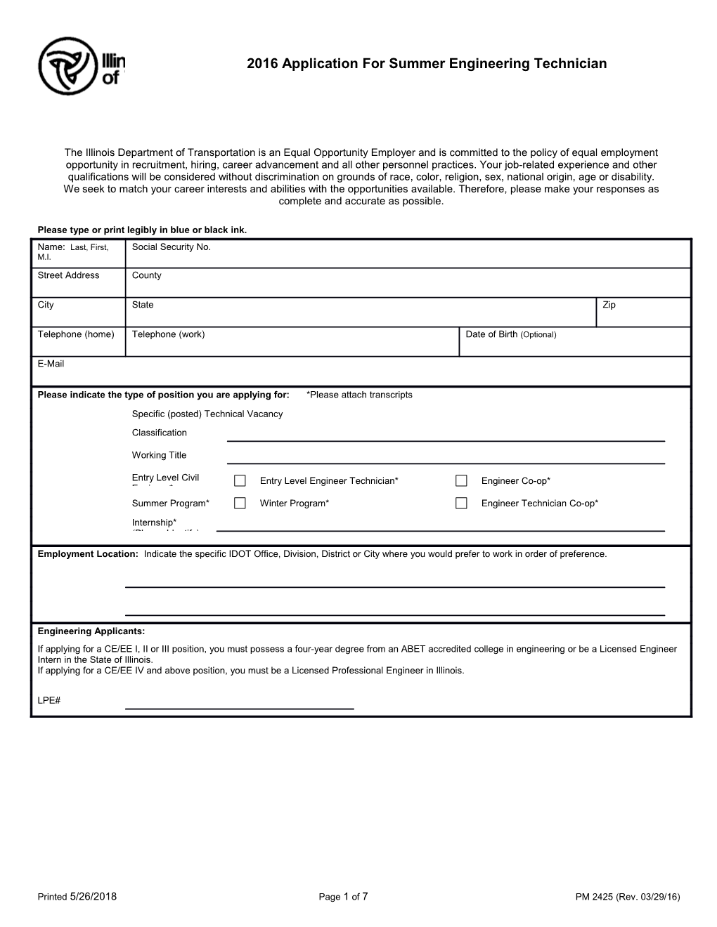 2016 Application for Summer Engineering Technician