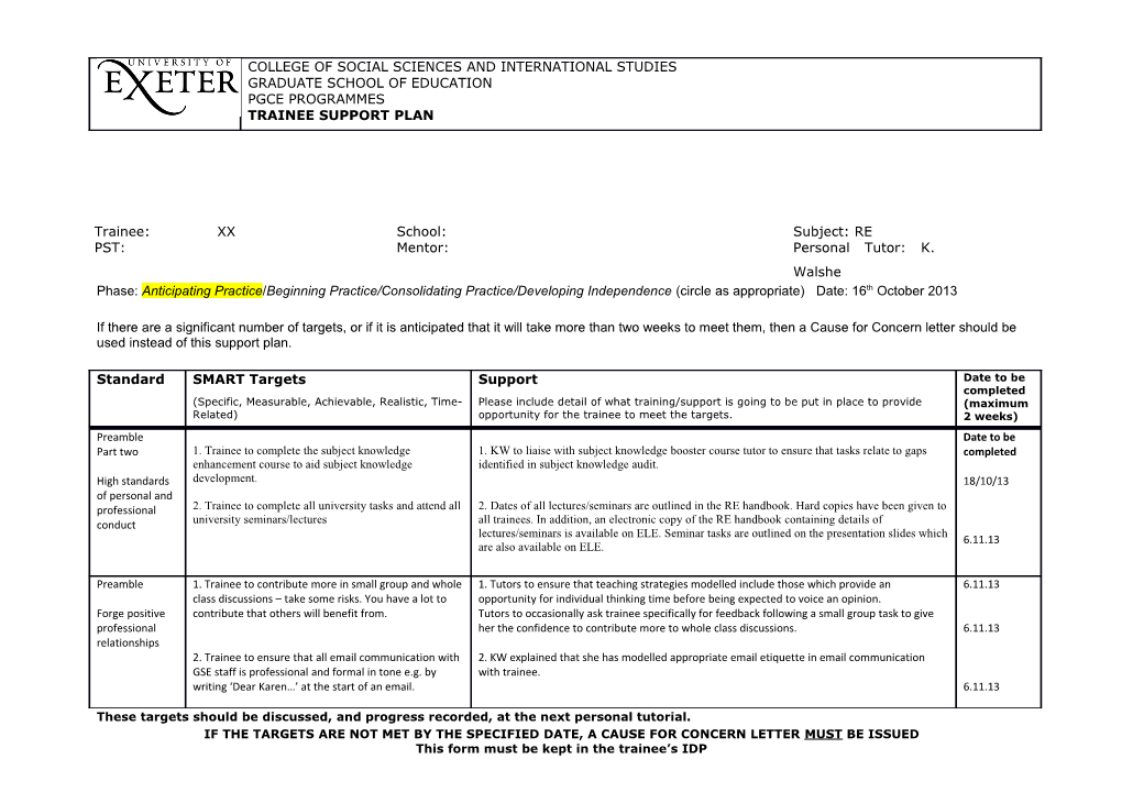 Trainee Support Plan