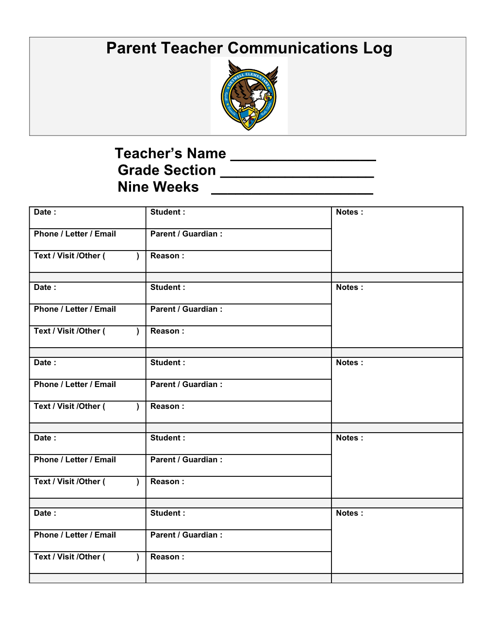 Parent Teacher Communications Log Teachers Printables