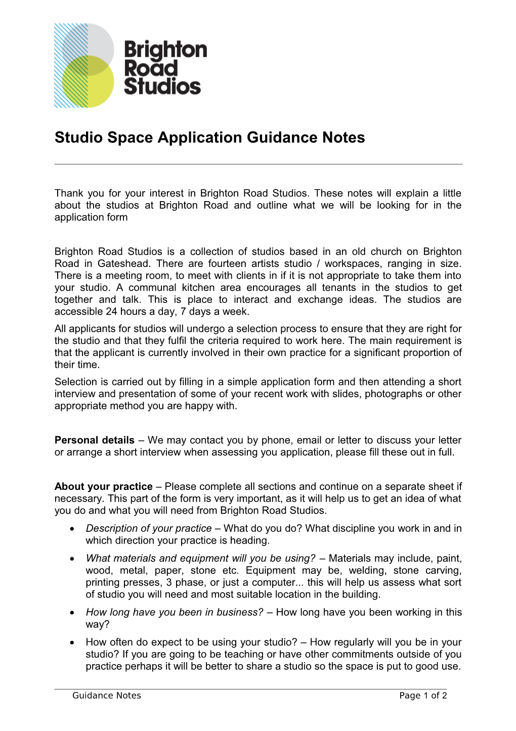 Studio Space Application Guidance Notes