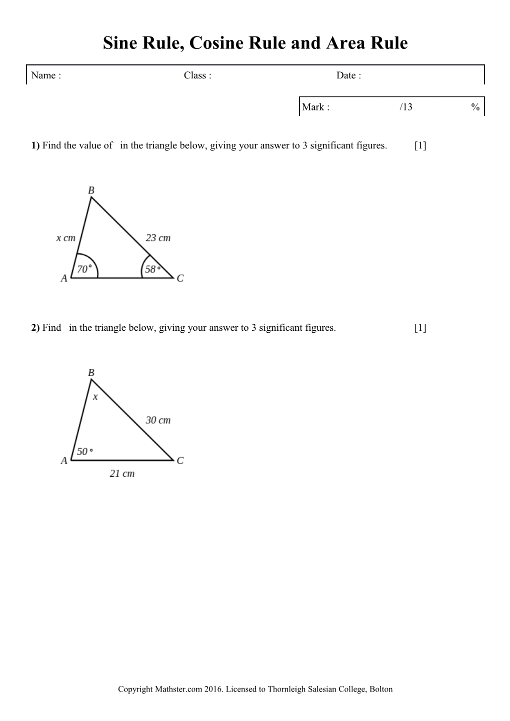 Sine Rule, Cosine Rule and Area Rule