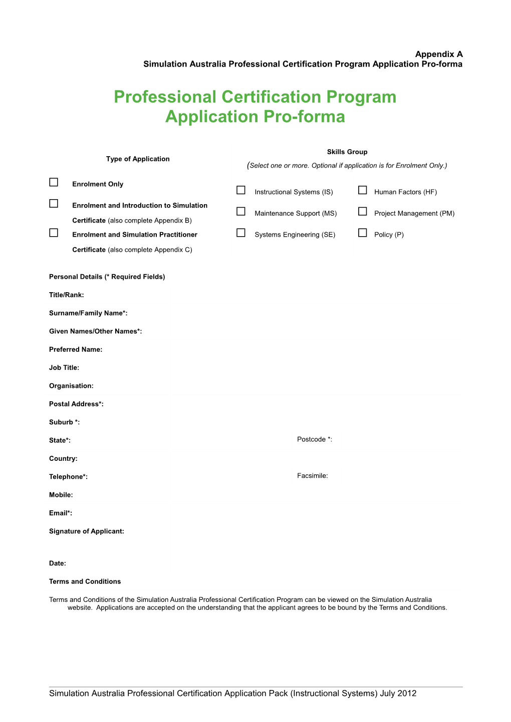 Appendix Asimulation Australia Professional Certification Program Application Pro-Forma