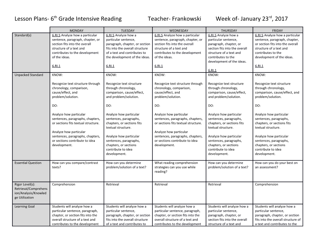 Lesson Plans- 6Th Grade Intensive Readingteacher- Frankowskiweek Of-January 23Rd, 2017