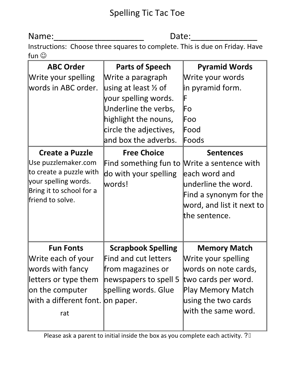 Spelling Tic Tac Toe