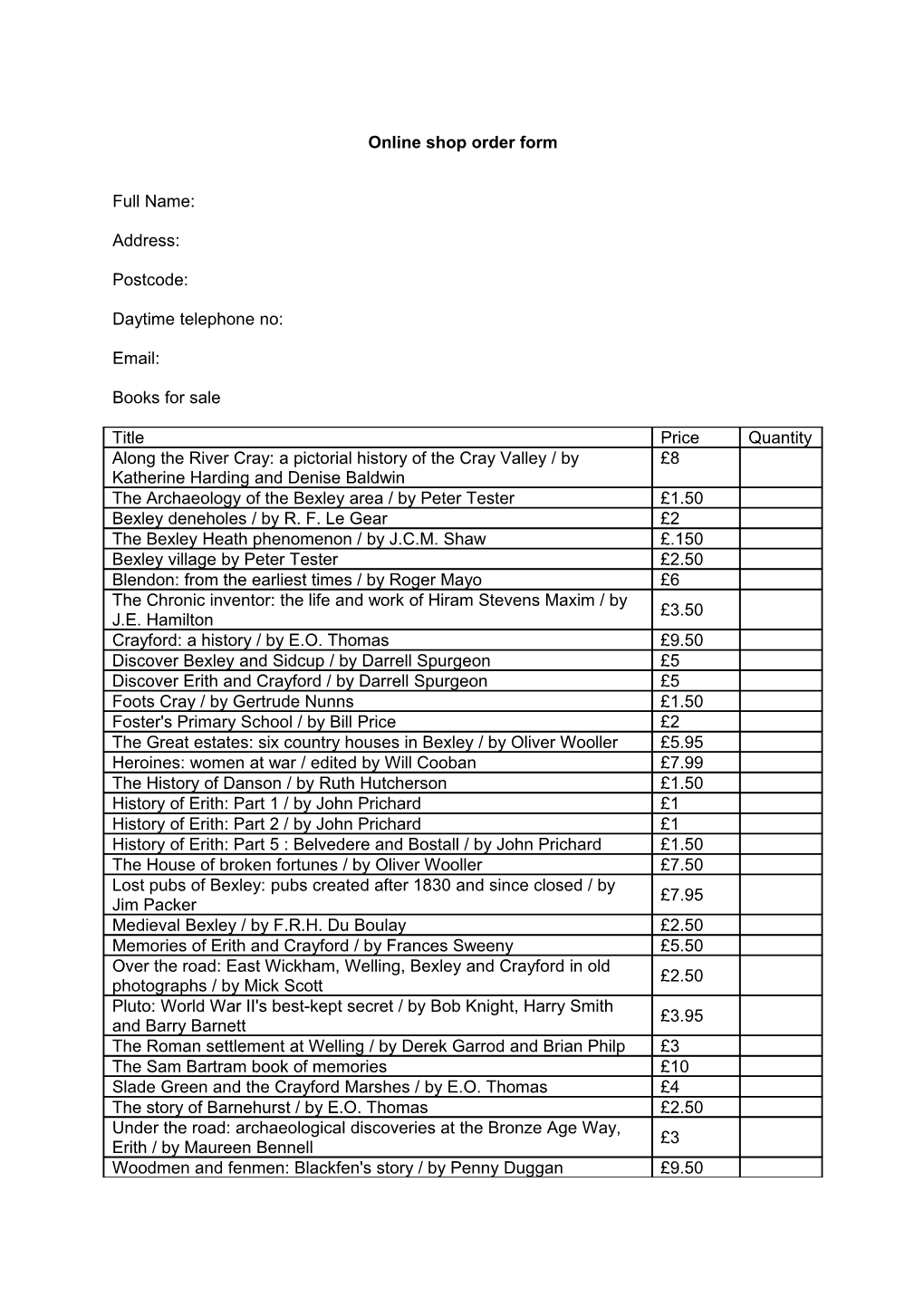 Online Shop Order Form