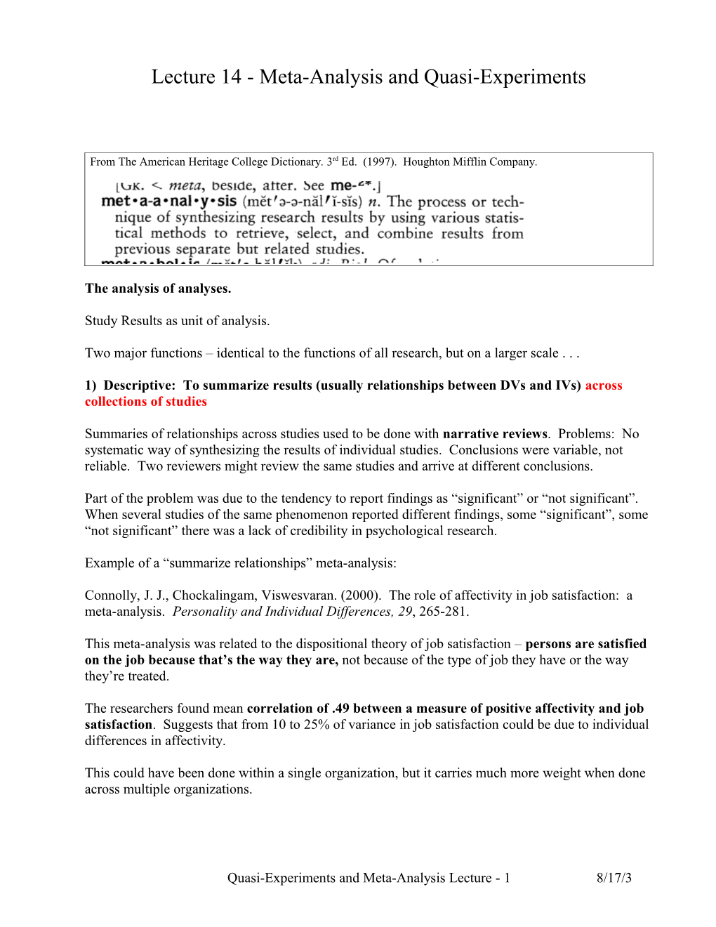 Lecture 14 - Meta-Analysis and Quasi-Experiments