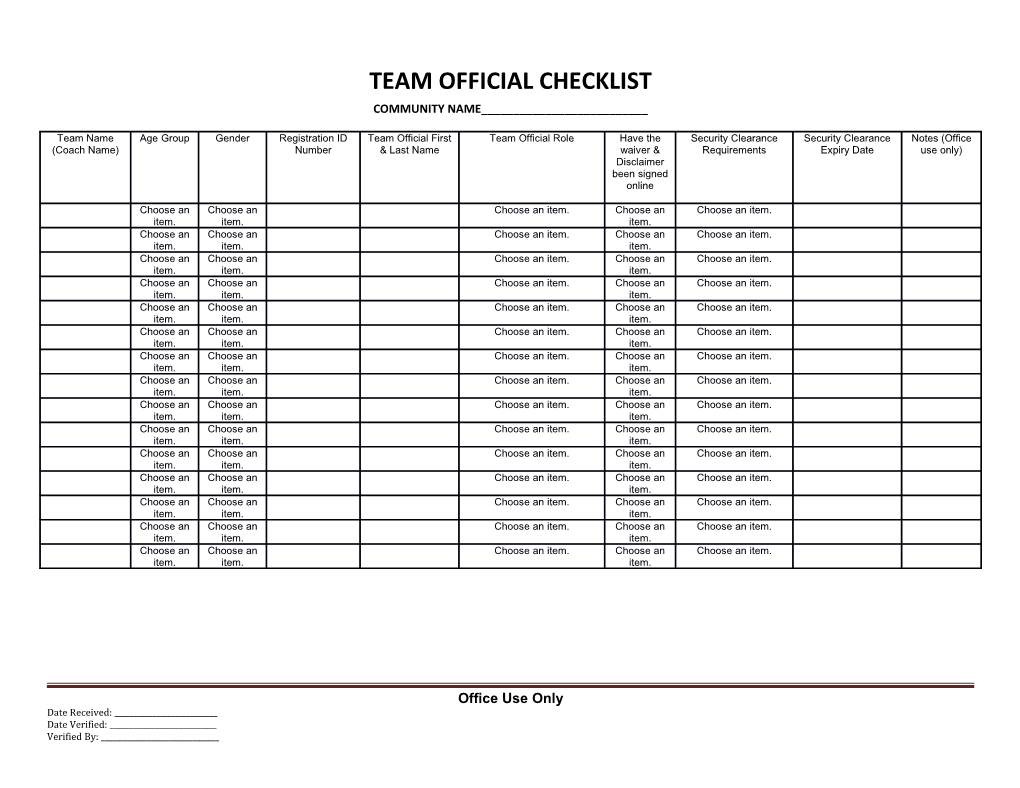 Team Official Checklist