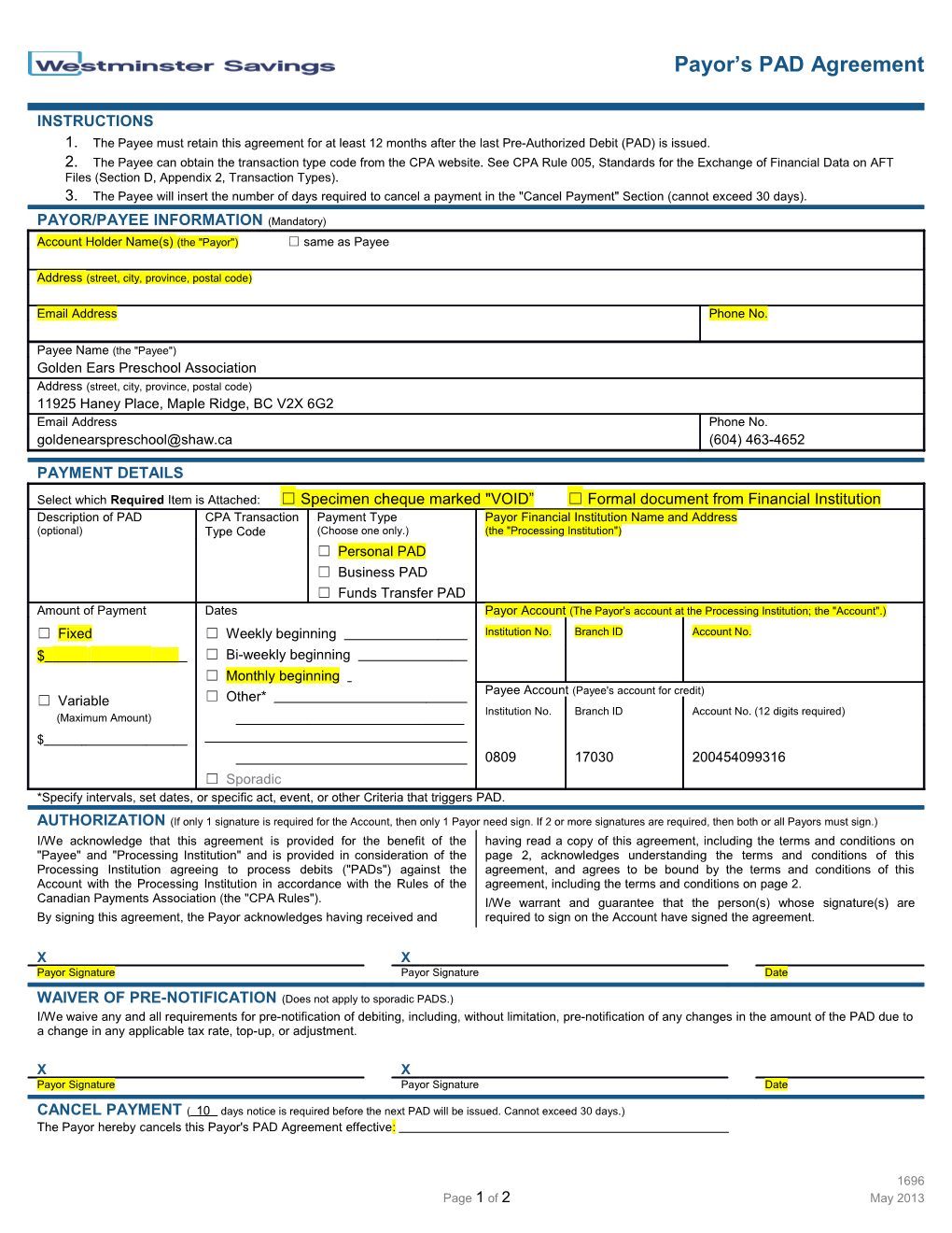 Payor S PAD Agreement