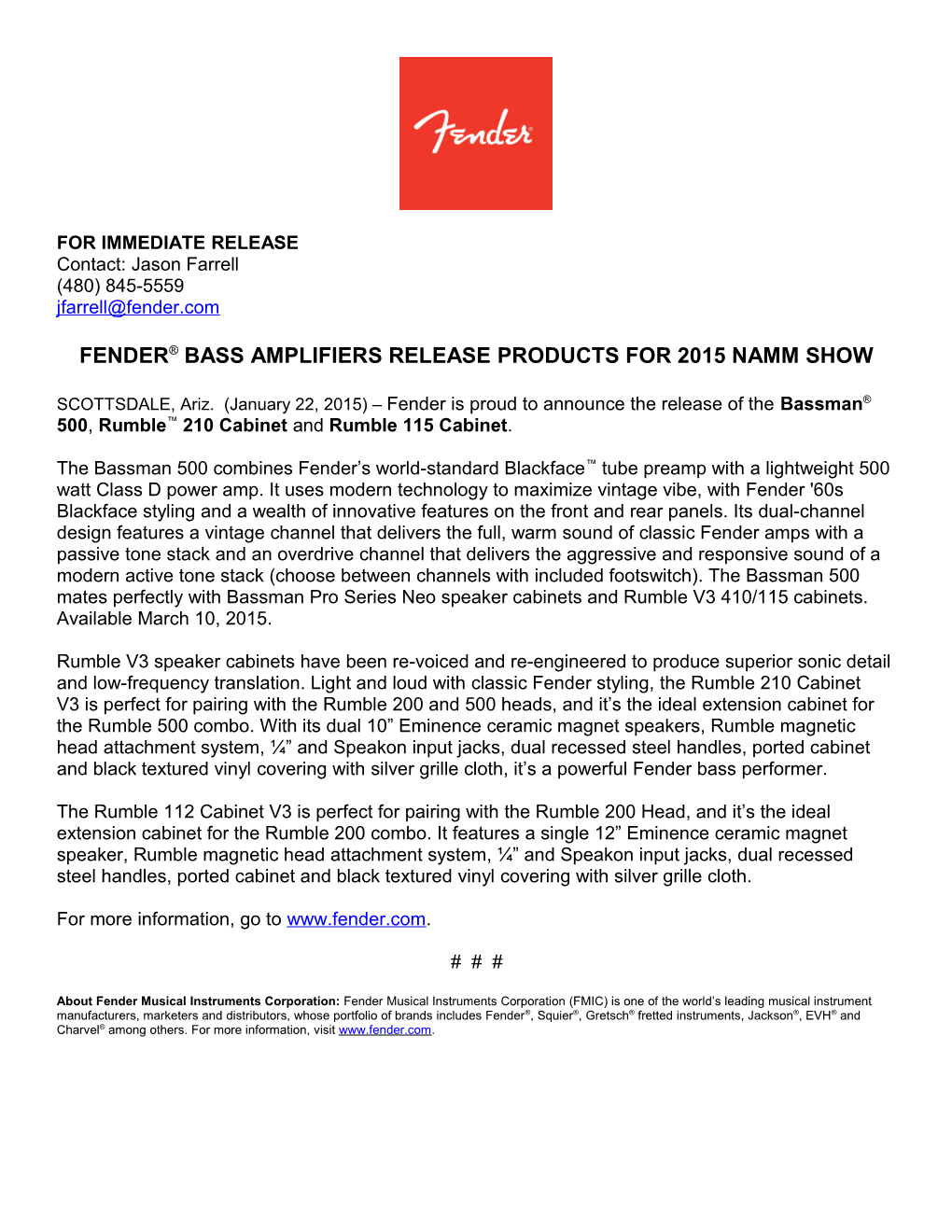 Fender Bass Amplifiers Release Products for 2015 Namm Show