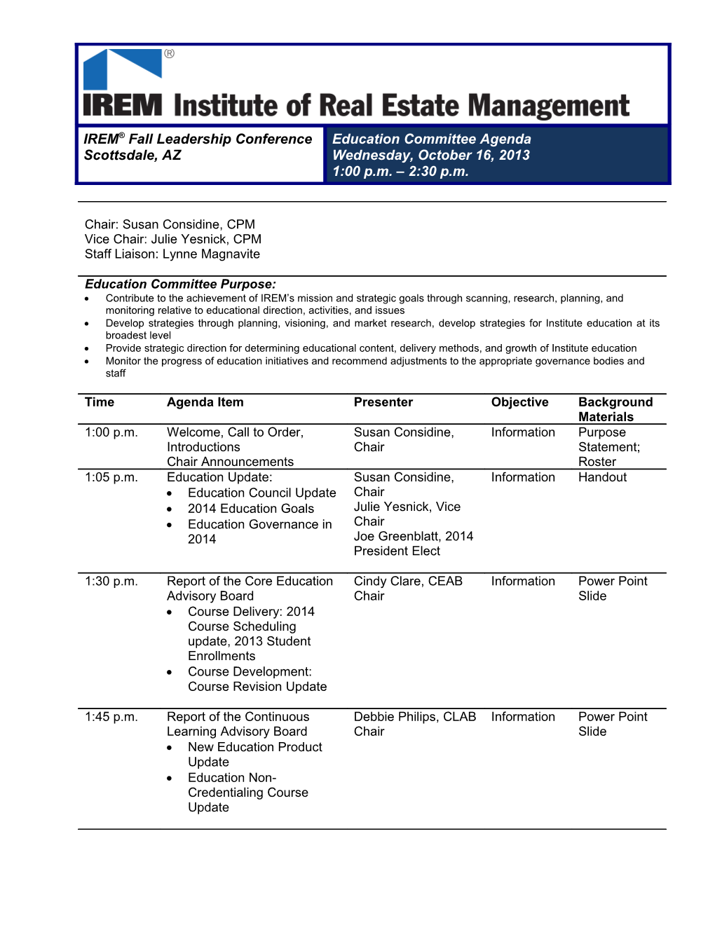 Education Committee Agenda - October 2013 IREM Fall Leadership Conference
