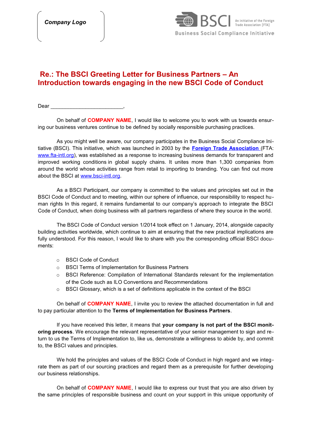 Re.: the BSCI Greeting Letter for Business Partners an Introduction Towards Engaging In