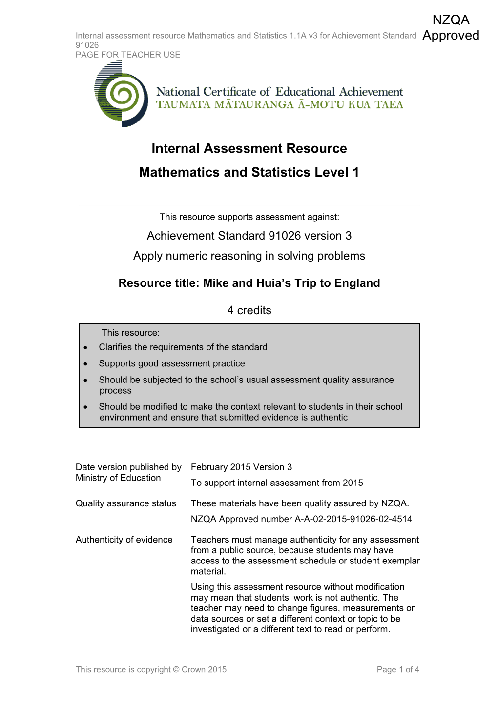 Level 1 Mathematics and Statistics Internal Assessment Resource